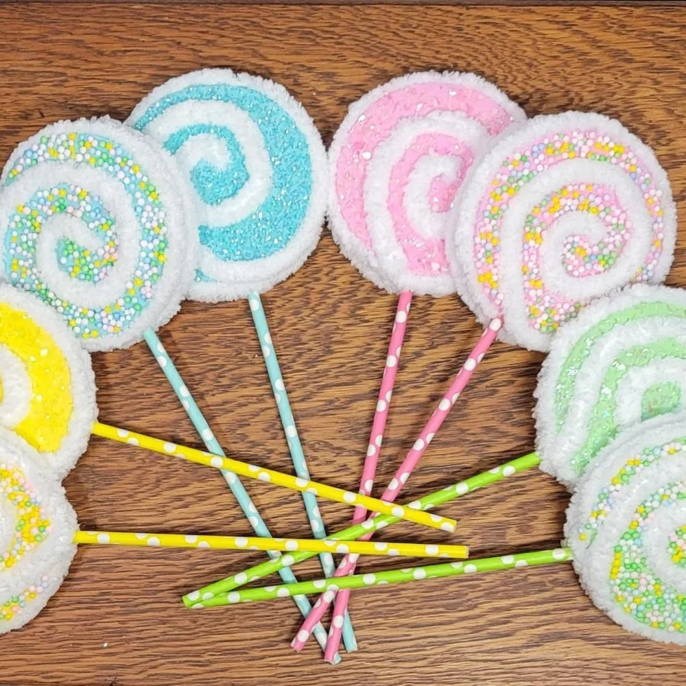 Decorative Yarn Lollipops‎ w/ Glitter/Mini Styrofoam Balls in Pastels - Lt Blue